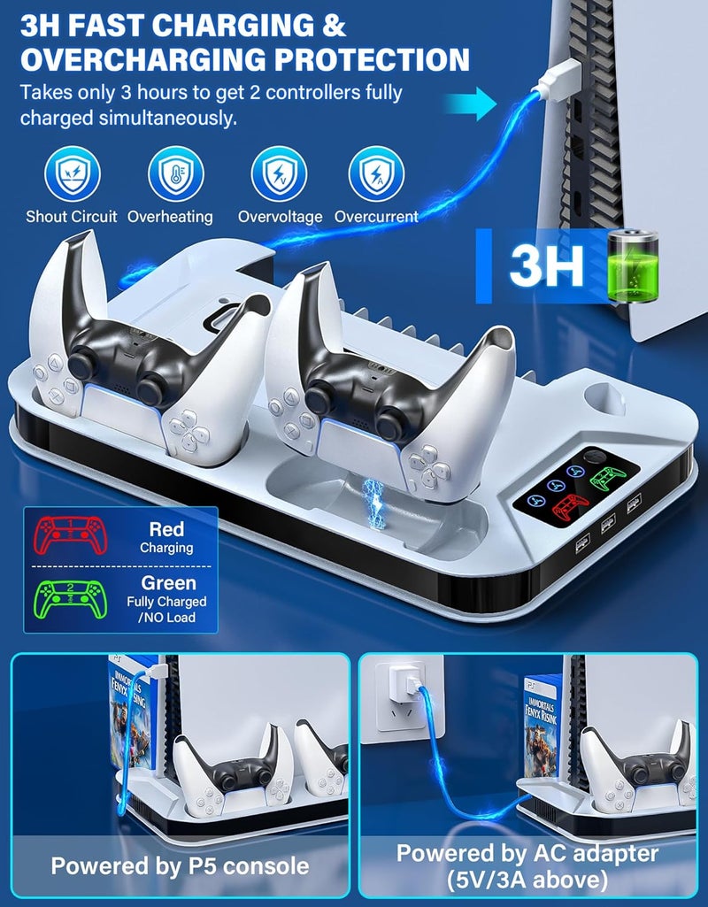 RJAD PS5 / PS5 Slim Cooling Station with Controller Charging Station for Playstation 5 Console Disc/Digital, Cooling Stand for Playstation 5 Slim with Cooler Fan Accessories with 3 USB Hubs/Headset Holder - Image 4